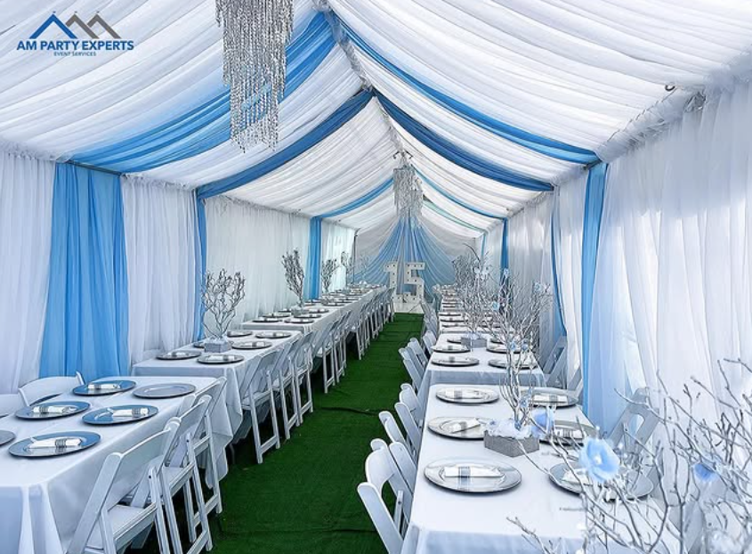 blue-white tent drape blue-white tent drape